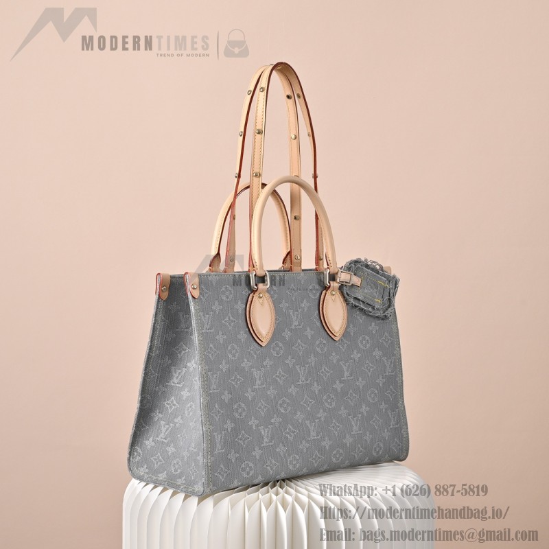 Louis Vuitton OnTheGo MM M13189 Gray Monogram Denim Tote Bag with Leather Trim