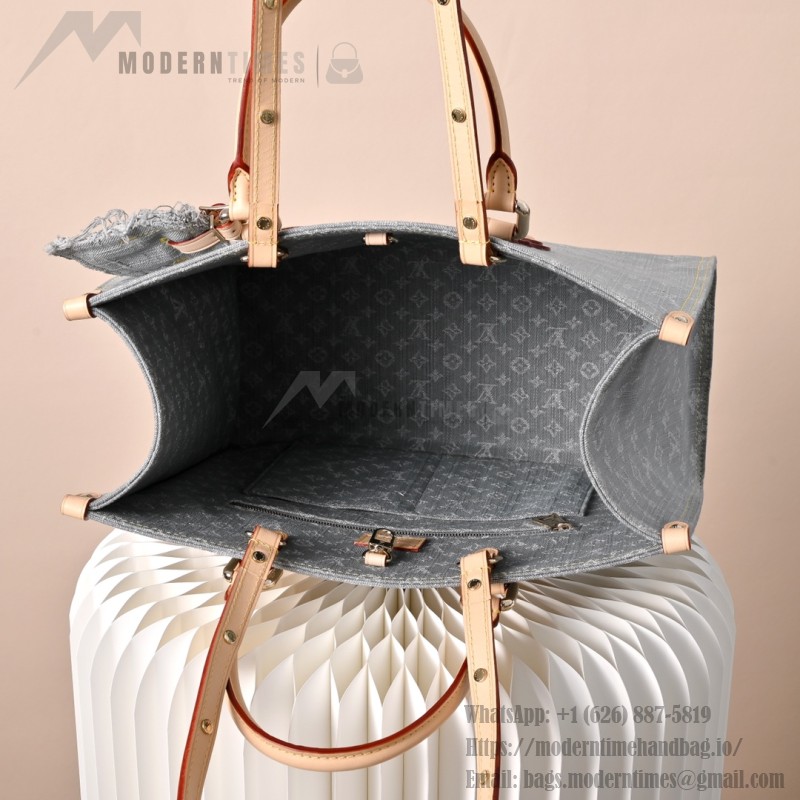 Louis Vuitton OnTheGo MM M13189 Gray Monogram Denim Tote Bag with Leather Trim