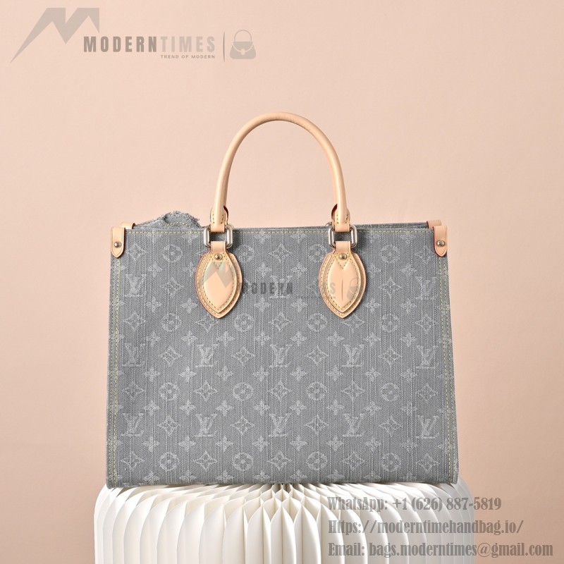 Louis Vuitton OnTheGo MM M13189 Gray Monogram Denim Tote Bag with Leather Trim
