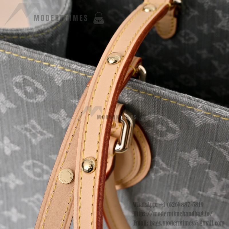 Louis Vuitton OnTheGo MM M13189 Gray Monogram Denim Tote Bag with Leather Trim