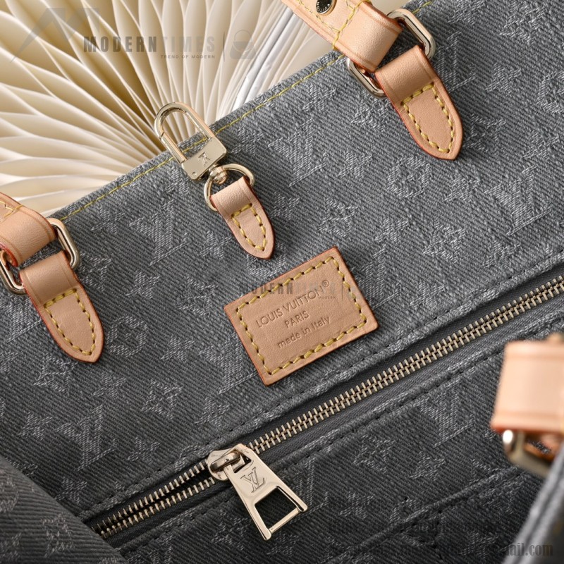 Louis Vuitton OnTheGo MM M13189 Gray Monogram Denim Tote Bag with Leather Trim
