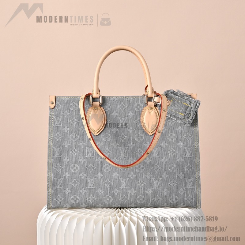 Louis Vuitton OnTheGo MM M13189 Gray Monogram Denim Tote Bag with Leather Trim