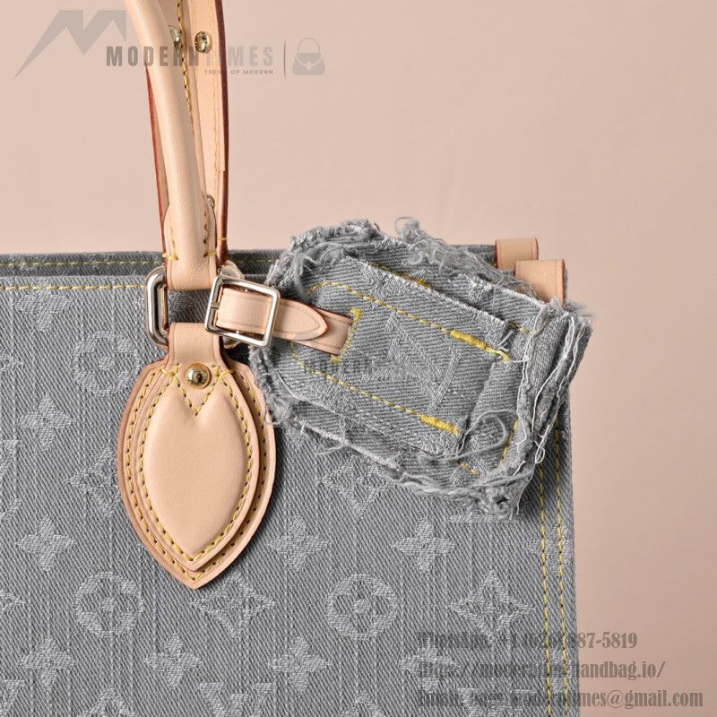 Louis Vuitton OnTheGo MM M13189 Gray Monogram Denim Tote Bag with Leather Trim