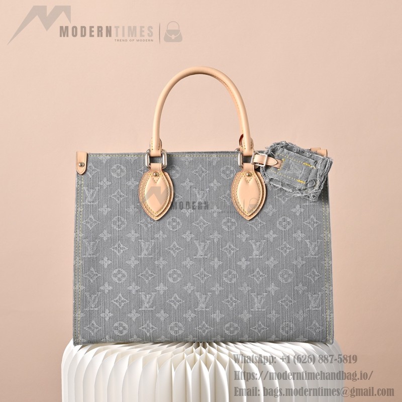 Louis Vuitton OnTheGo MM M13189 Gray Monogram Denim Tote Bag with Leather Trim