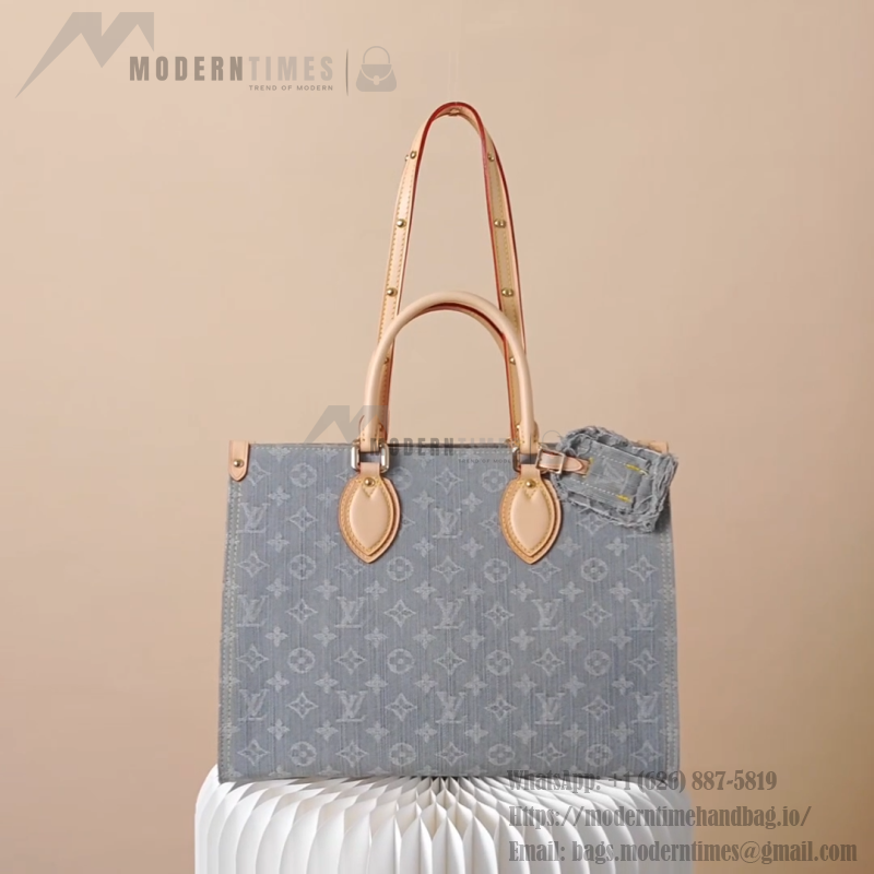 Louis Vuitton OnTheGo MM M13189 Gray Monogram Denim Tote Bag with Leather Trim