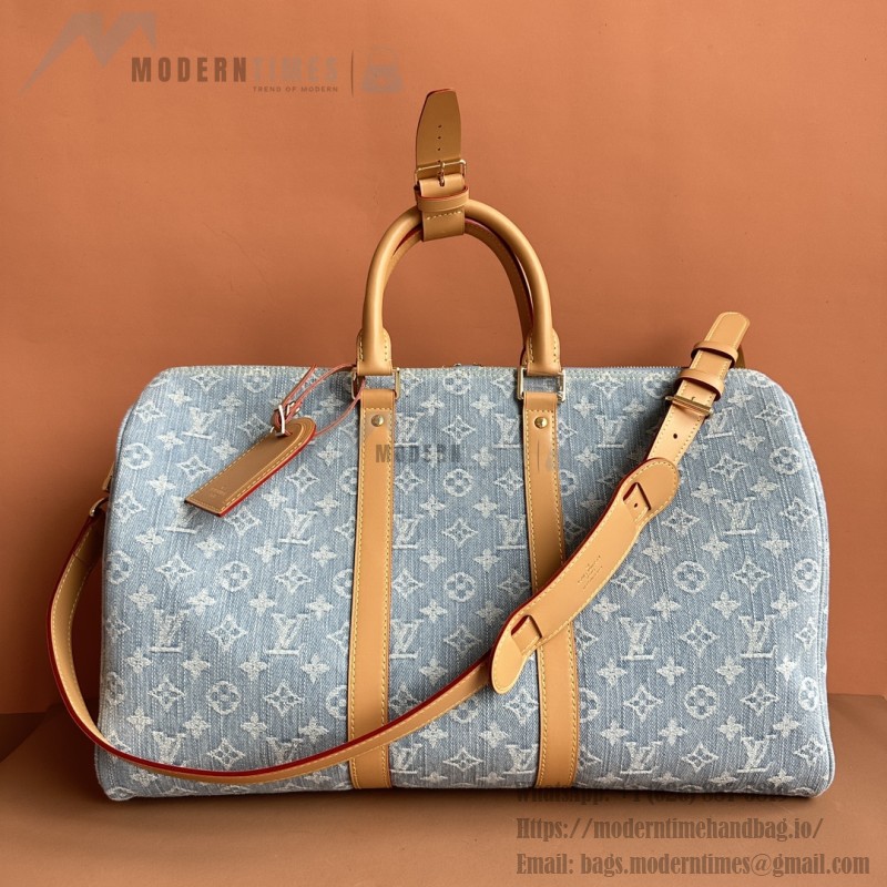 Louis Vuitton Keepall Bandoulière 45 Duffel Bag M25334 in Light Blue Denim
