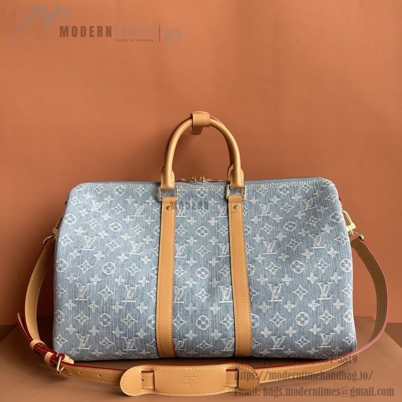 Louis Vuitton Keepall Bandoulière 45 Duffel Bag M25334 in Light Blue Denim