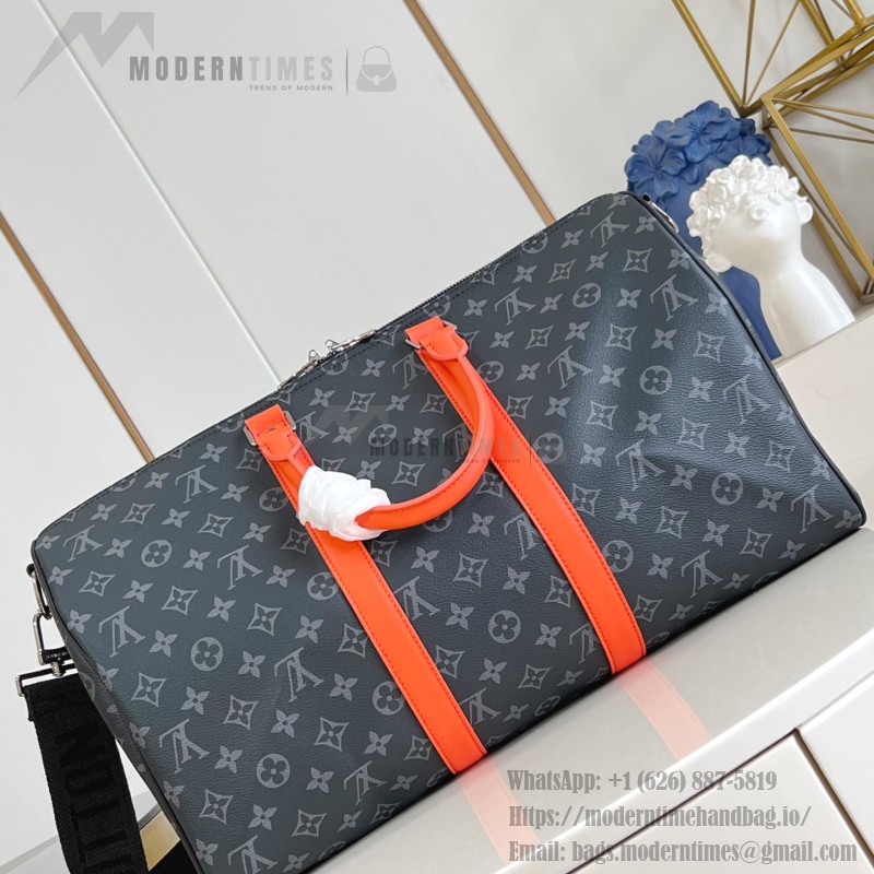 Louis Vuitton Keepall Bandoulière M15251 Monogram Eclipse with Orange Leather Replica Travel Bag