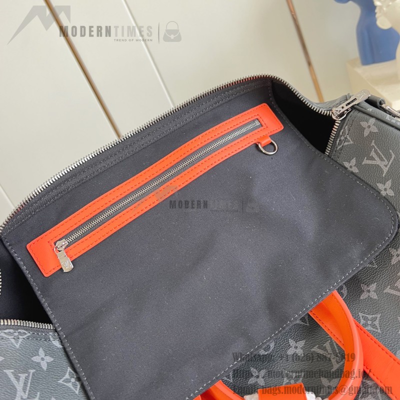 Louis Vuitton Keepall Bandoulière M15251 Monogram Eclipse with Orange Leather Replica Travel Bag