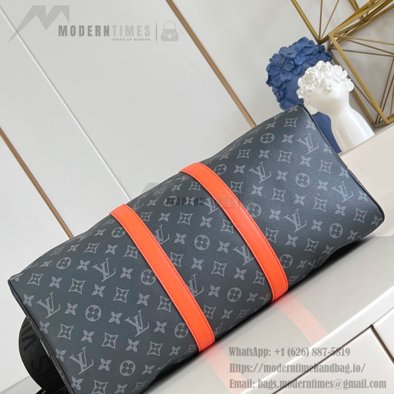 Louis Vuitton Keepall Bandoulière M15251 Monogram Eclipse with Orange Leather Replica Travel Bag