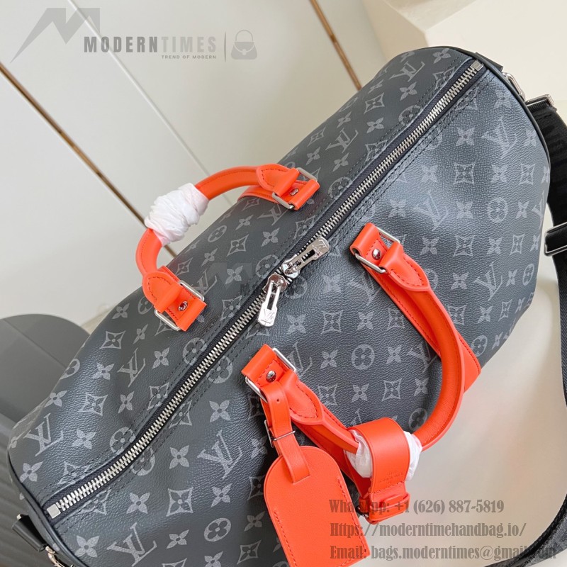 Louis Vuitton Keepall Bandoulière M15251 Monogram Eclipse with Orange Leather Replica Travel Bag