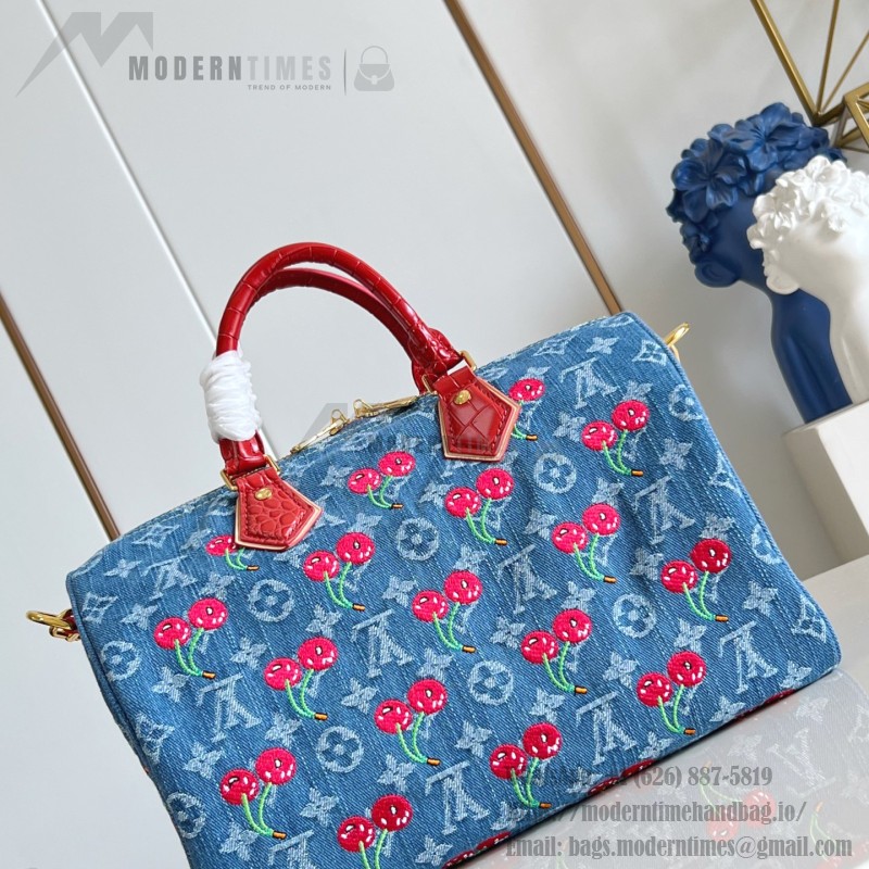 Louis Vuitton Speedy Soft 30 Handbag M87627 Monogram Denim with Cherry Embroidery