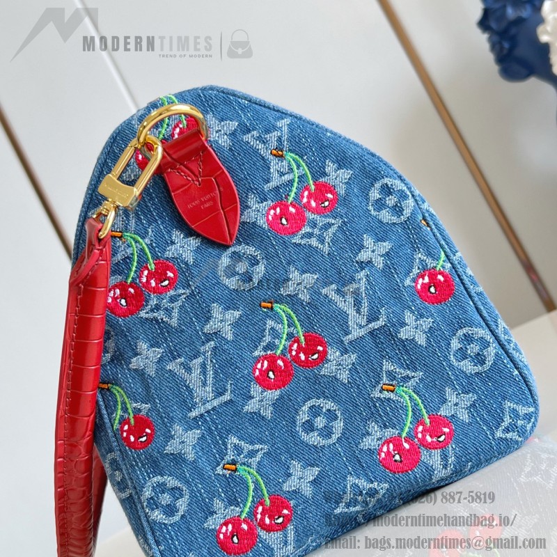 Louis Vuitton Speedy Soft 30 Handbag M87627 Monogram Denim with Cherry Embroidery