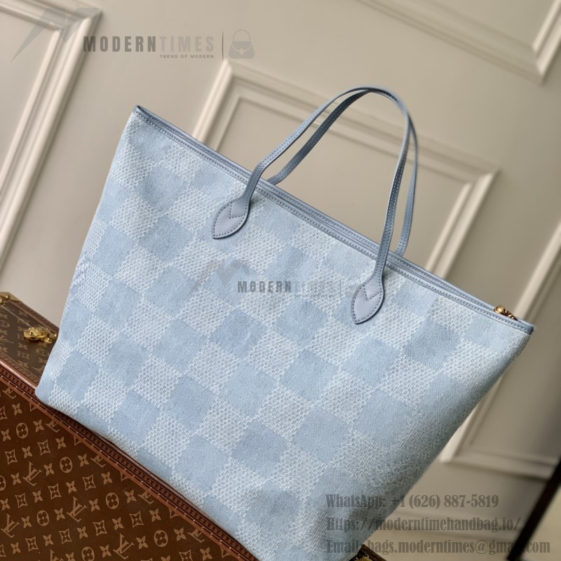 Louis Vuitton Nevereverfull Tote Bag N00198 in Damier Denim 3D Cotton Canvas with Leather Trims