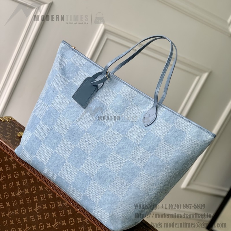 Louis Vuitton Nevereverfull Tote Bag N00198 in Damier Denim 3D Cotton Canvas with Leather Trims