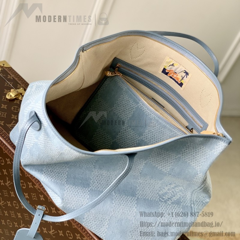 Louis Vuitton Nevereverfull Tote Bag N00198 in Damier Denim 3D Cotton Canvas with Leather Trims