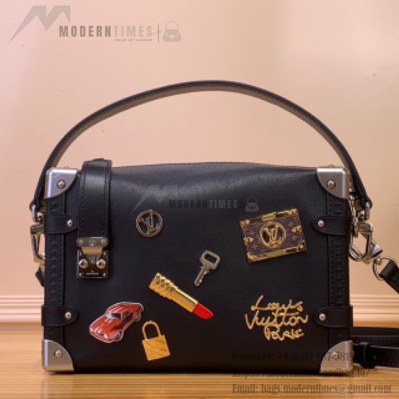 Louis Vuitton Side Trunk Medium Handbag M25568 in Black Leather with LV Stickers Design