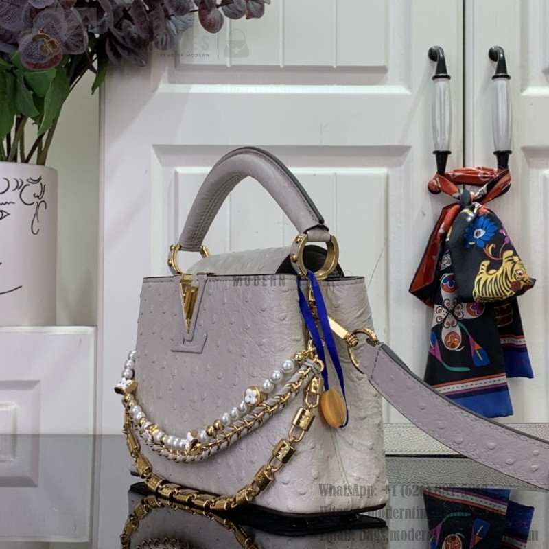 Louis Vuitton Capucines M11908 Mini & BB Handbag in Ostrich-Embossed Leather with Pearl Chain