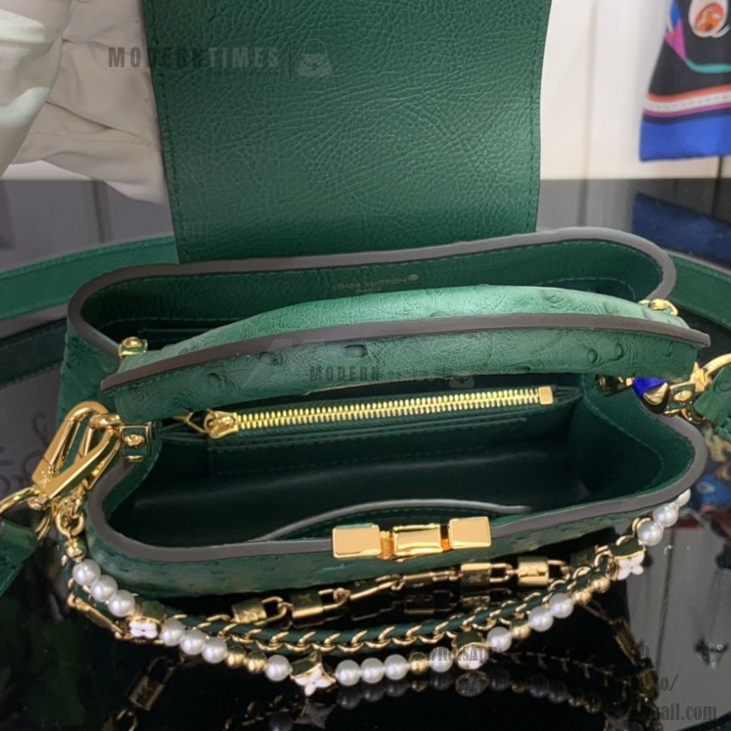 Louis Vuitton Capucines M11908 Mini & BB Handbag in Ostrich-Embossed Leather with Pearl Chain