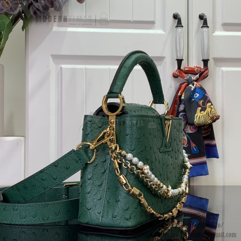 Louis Vuitton Capucines M11908 Mini & BB Handbag in Ostrich-Embossed Leather with Pearl Chain