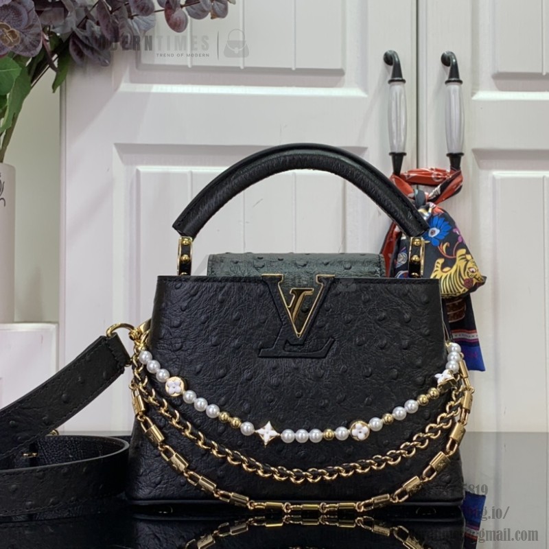 Louis Vuitton Capucines M11908 Mini & BB Handbag in Ostrich-Embossed Leather with Pearl Chain