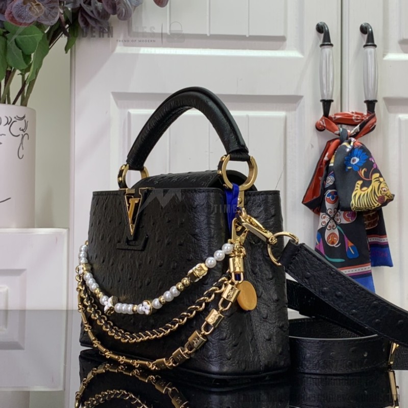Louis Vuitton Capucines M11908 Mini & BB Handbag in Ostrich-Embossed Leather with Pearl Chain