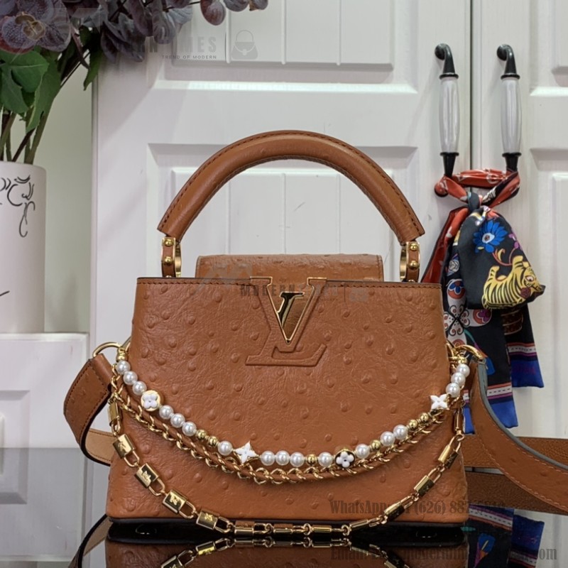 Louis Vuitton Capucines M11908 Mini & BB Handbag in Ostrich-Embossed Leather with Pearl Chain