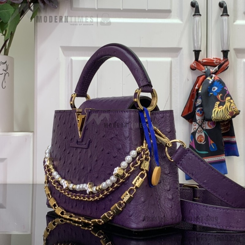 Louis Vuitton Capucines M11908 Mini & BB Handbag in Ostrich-Embossed Leather with Pearl Chain