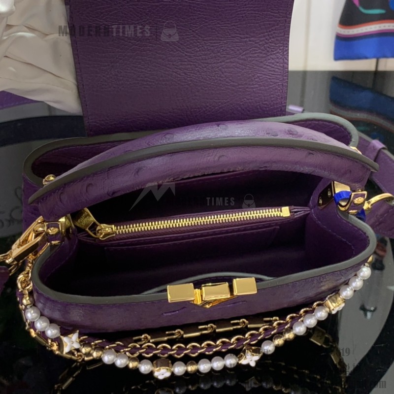 Louis Vuitton Capucines M11908 Mini & BB Handbag in Ostrich-Embossed Leather with Pearl Chain