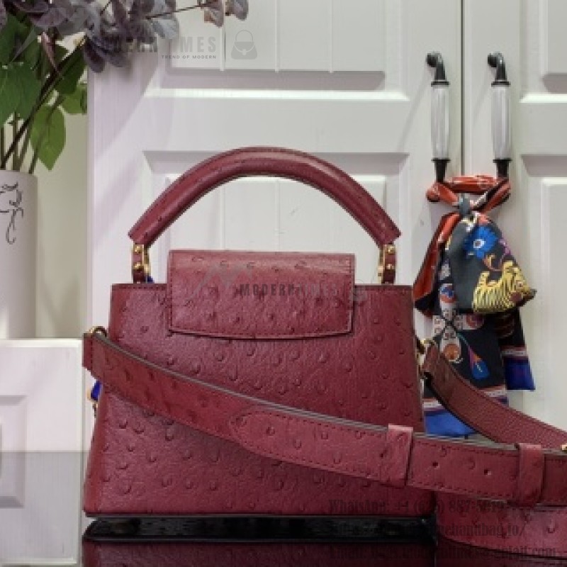 Louis Vuitton Capucines M11908 Mini & BB Handbag in Ostrich-Embossed Leather with Pearl Chain