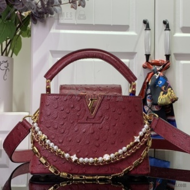 Louis Vuitton Capucines M11908 Mini & BB Handbag in Ostrich-Embossed Leather with Pearl Chain
