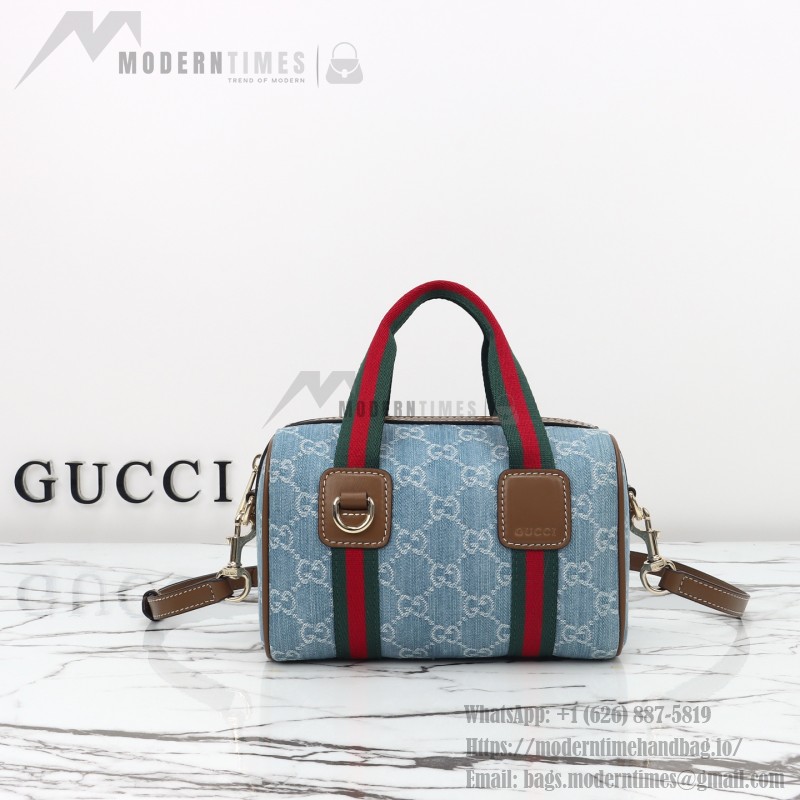 Gucci 859975 Blue Denim and Brown Leather Handbag