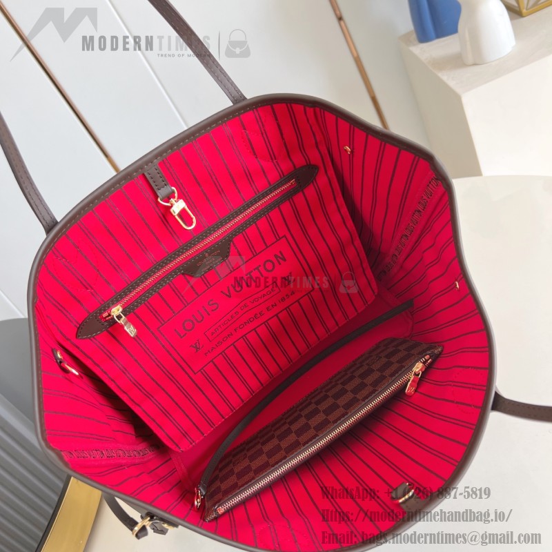 Louis Vuitton Neverfull MM Tote Bag in Damier Azur Canvas with Leather Trim and Detachable Pouch