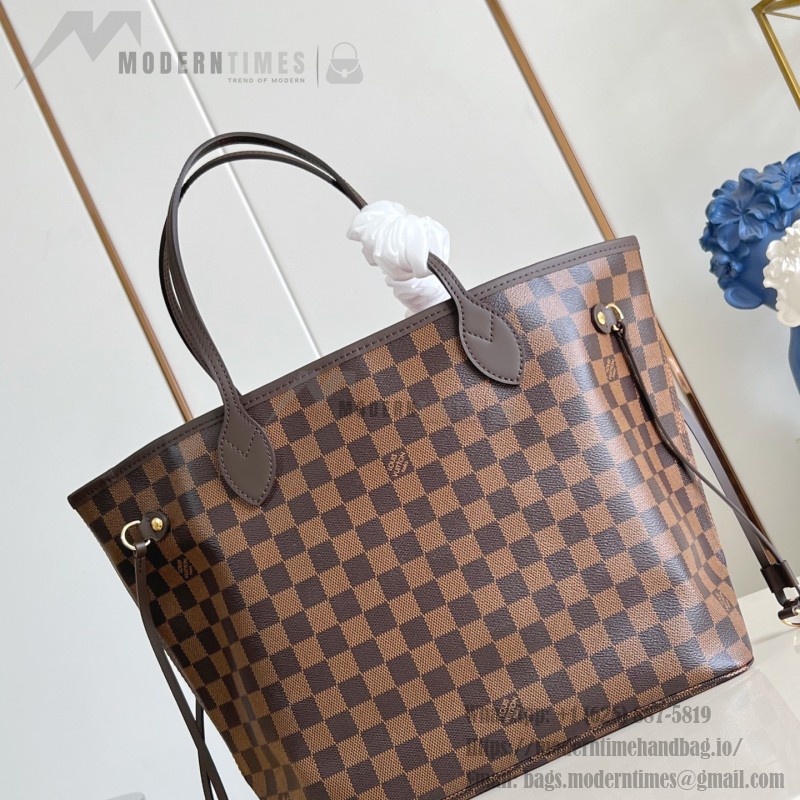 Louis Vuitton Neverfull MM Tote Bag in Damier Azur Canvas with Leather Trim and Detachable Pouch