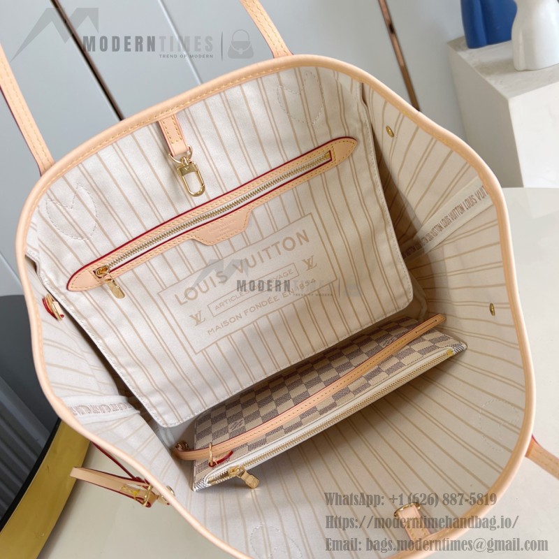 Louis Vuitton Neverfull MM Tote Bag in Damier Azur Canvas with Leather Trim and Detachable Pouch