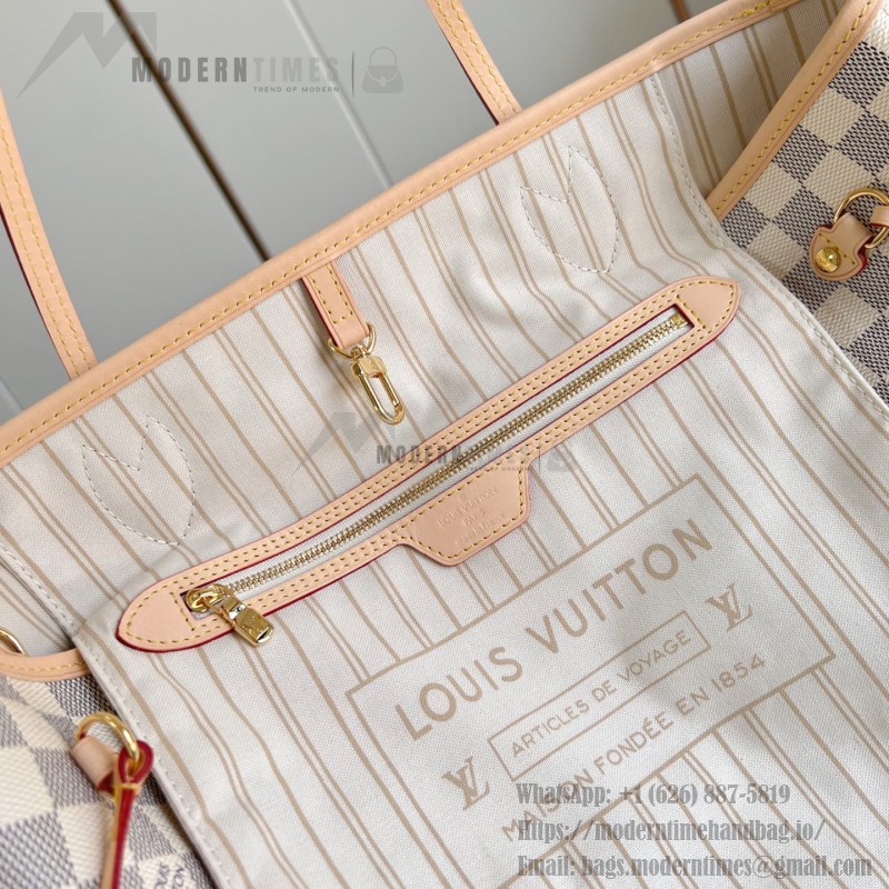 Louis Vuitton Neverfull MM Tote Bag in Damier Azur Canvas with Leather Trim and Detachable Pouch