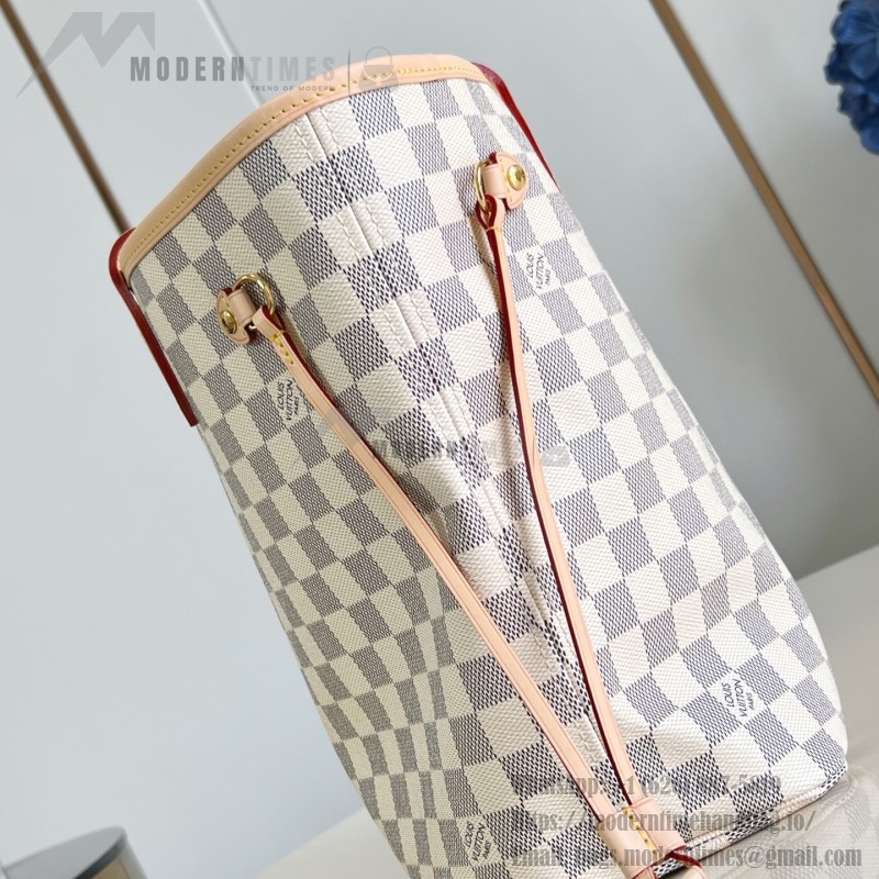 Louis Vuitton Neverfull MM Tote Bag in Damier Azur Canvas with Leather Trim and Detachable Pouch