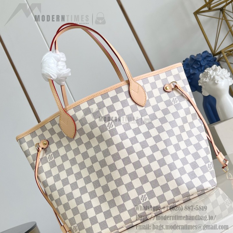 Louis Vuitton Neverfull MM Tote Bag in Damier Azur Canvas with Leather Trim and Detachable Pouch