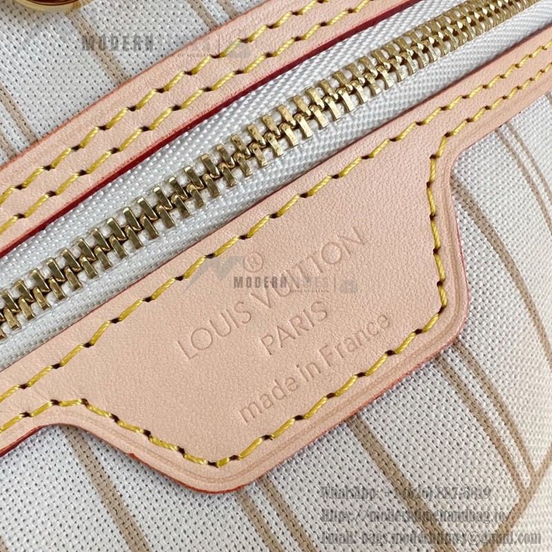 Louis Vuitton Neverfull MM Tote Bag in Damier Azur Canvas with Leather Trim and Detachable Pouch