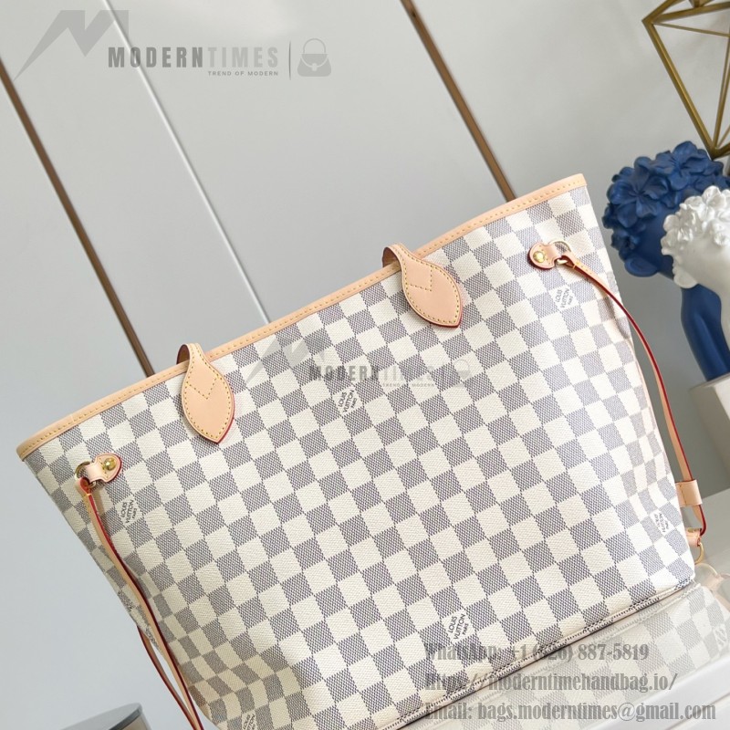 Louis Vuitton Neverfull MM Tote Bag in Damier Azur Canvas with Leather Trim and Detachable Pouch