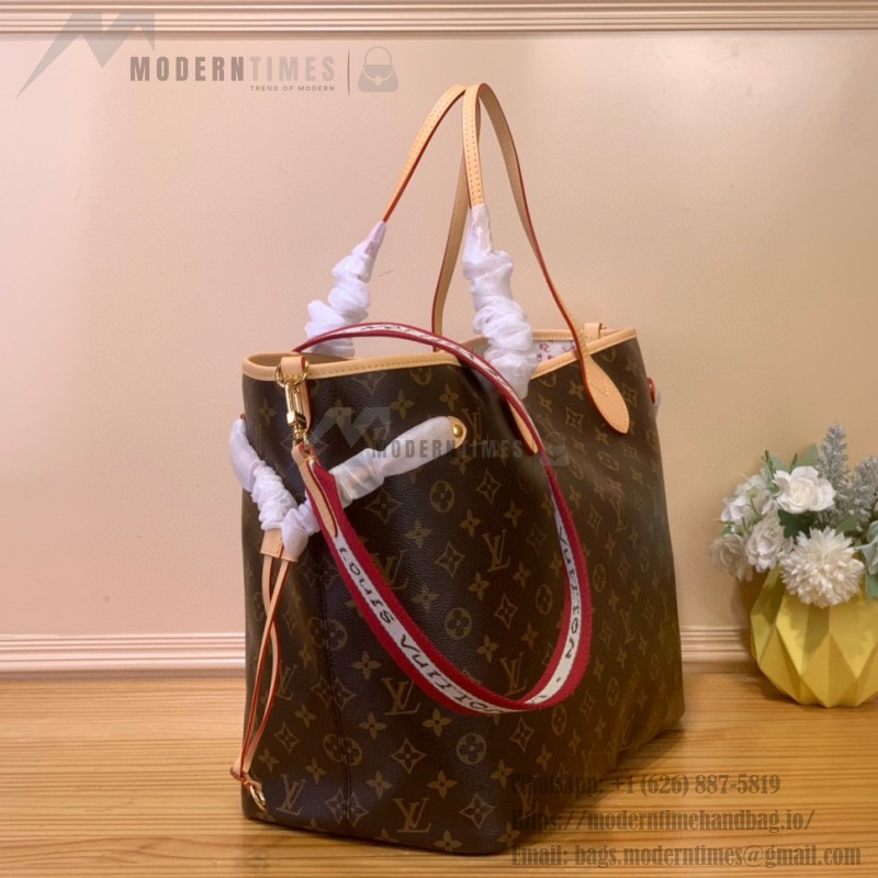 Louis Vuitton Neverfull Inside Out M15124 with cat print on Monogram canvas and fabric shoulder strap