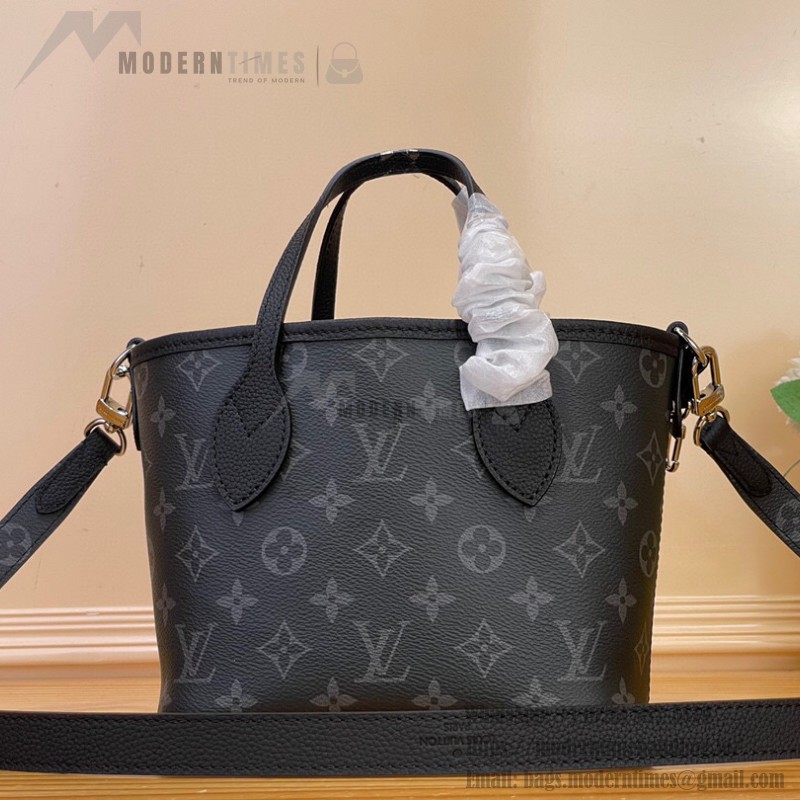 Louis Vuitton Neverfull Bandoulière Inside Out BB M15210 featuring Monogram Eclipse and grain leather with silver hardware