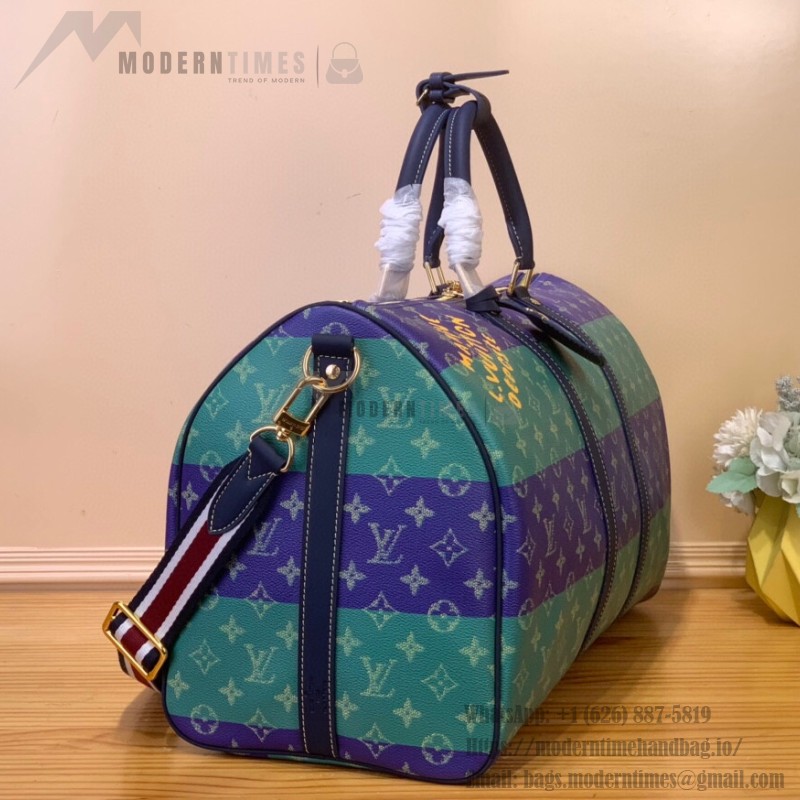 Louis Vuitton Keepall Bandoulière 50 M25900 - Blue-Green Floral Monogram HR Canvas with Rugby Stripes