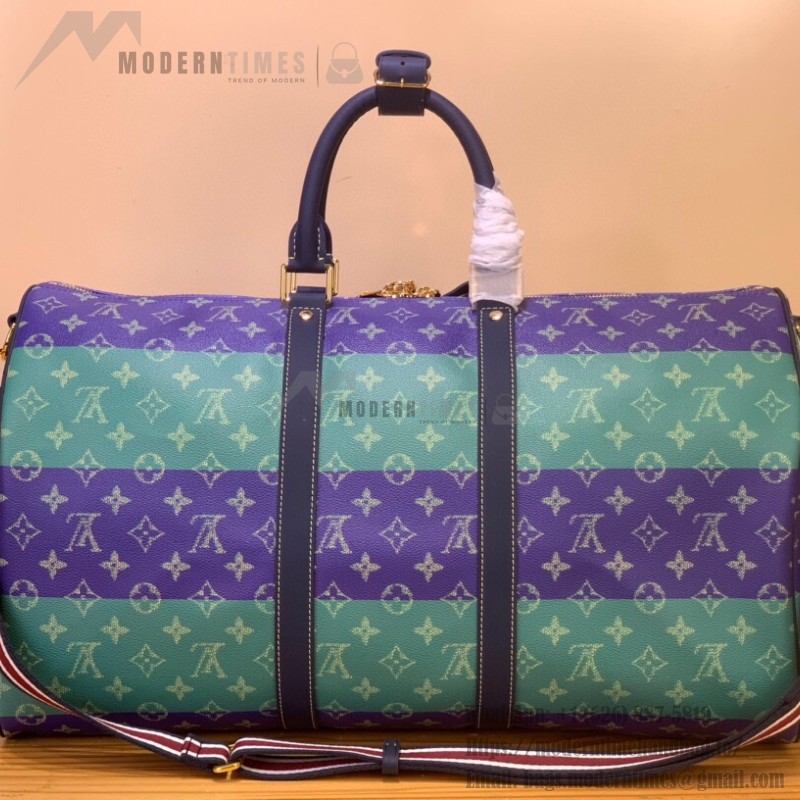 Louis Vuitton Keepall Bandoulière 50 M25900 - Blue-Green Floral Monogram HR Canvas with Rugby Stripes