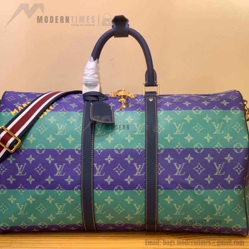 Louis Vuitton Keepall Bandoulière 50 M25900 - Blue-Green Floral Monogram HR Canvas with Rugby Stripes