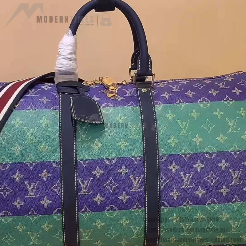 Louis Vuitton Keepall Bandoulière 50 M25900 - Blue-Green Floral Monogram HR Canvas with Rugby Stripes