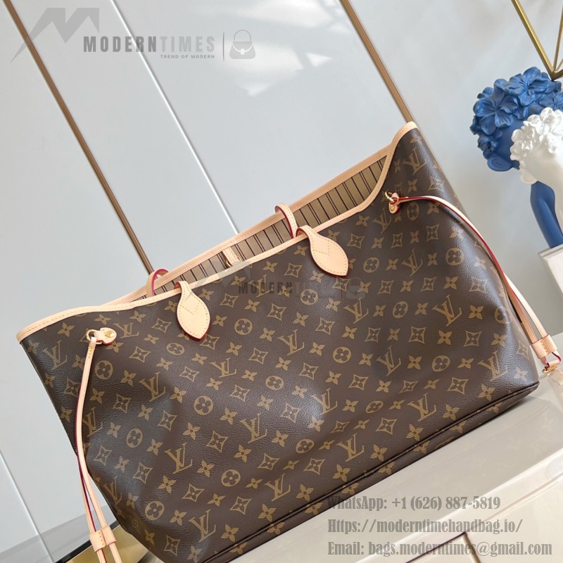 Louis Vuitton Neverfull Large Tote Bag in Monogram Canvas with Leather Trim and Detachable Pouch