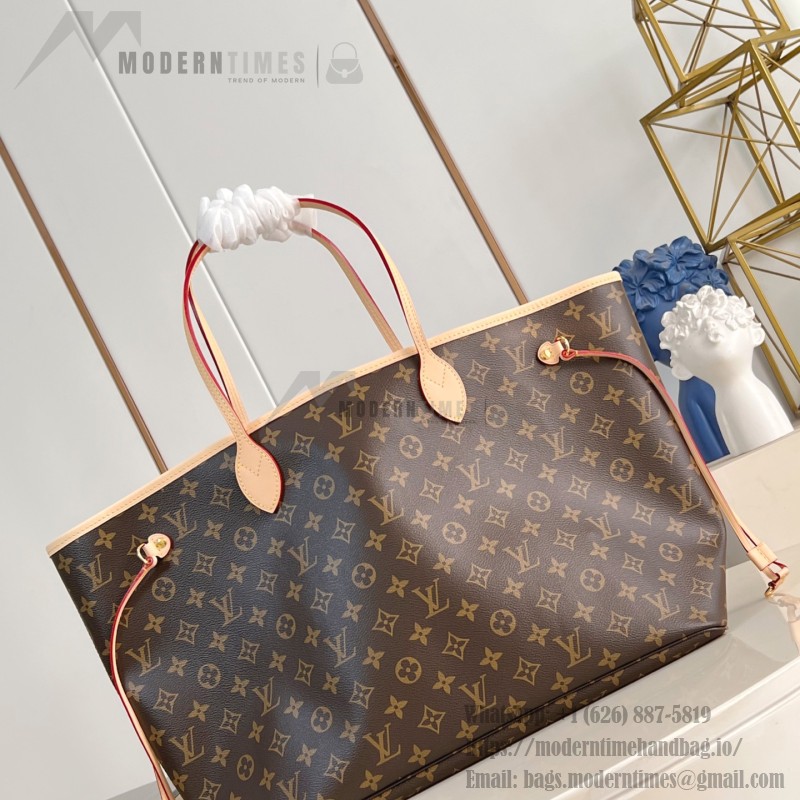 Louis Vuitton Neverfull GM in Damier Ebene with cowhide leather trims and adjustable side straps