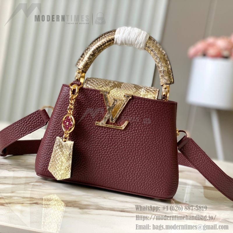 Louis Vuitton Capucines Bag in Burgundy with Golden Snake Handle and Monogram Chain