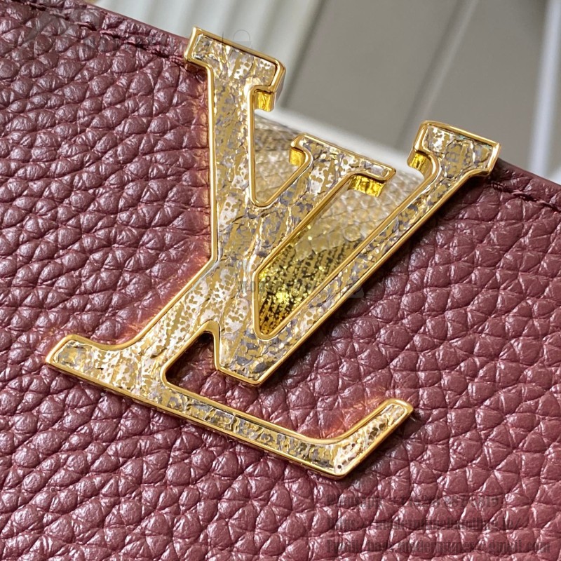Louis Vuitton Capucines Bag in Burgundy with Golden Snake Handle and Monogram Chain